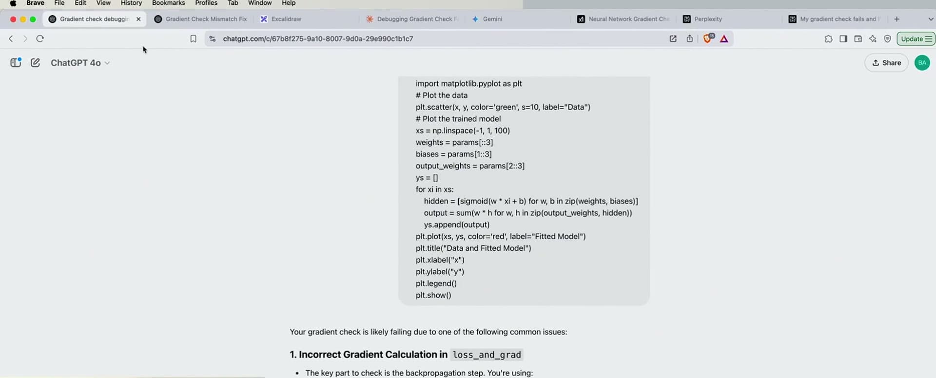 A thinking model working through a gradient-check bug in code