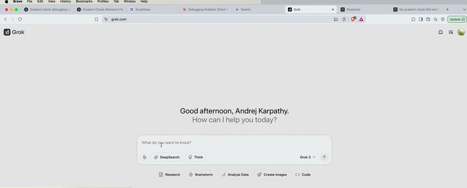 Grok greeting Andrej Karpathy with a Think toggle