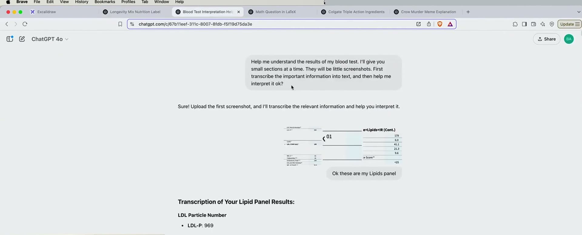 ChatGPT reading and explaining a blood-test lipid panel from an image