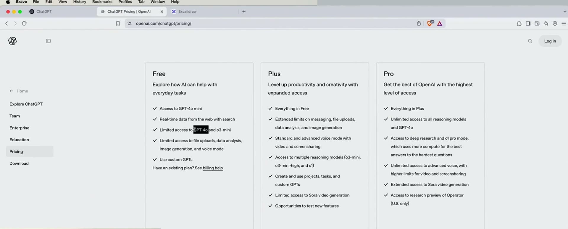 ChatGPT pricing page showing Free, Plus and Pro tiers