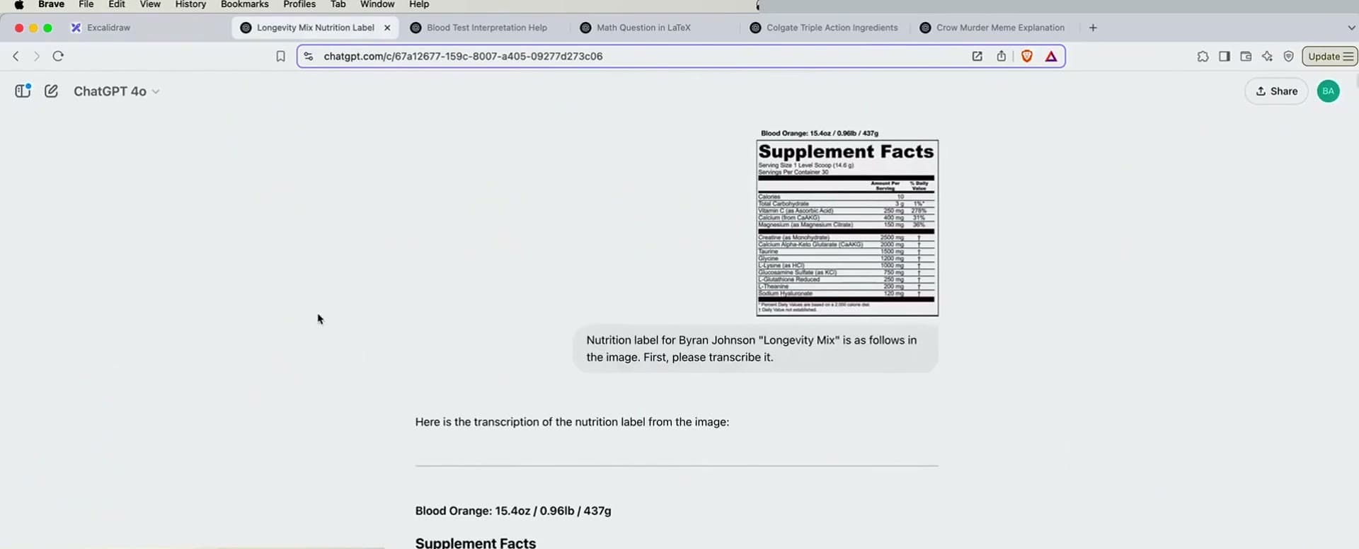 ChatGPT transcribing a supplement nutrition label from a photo