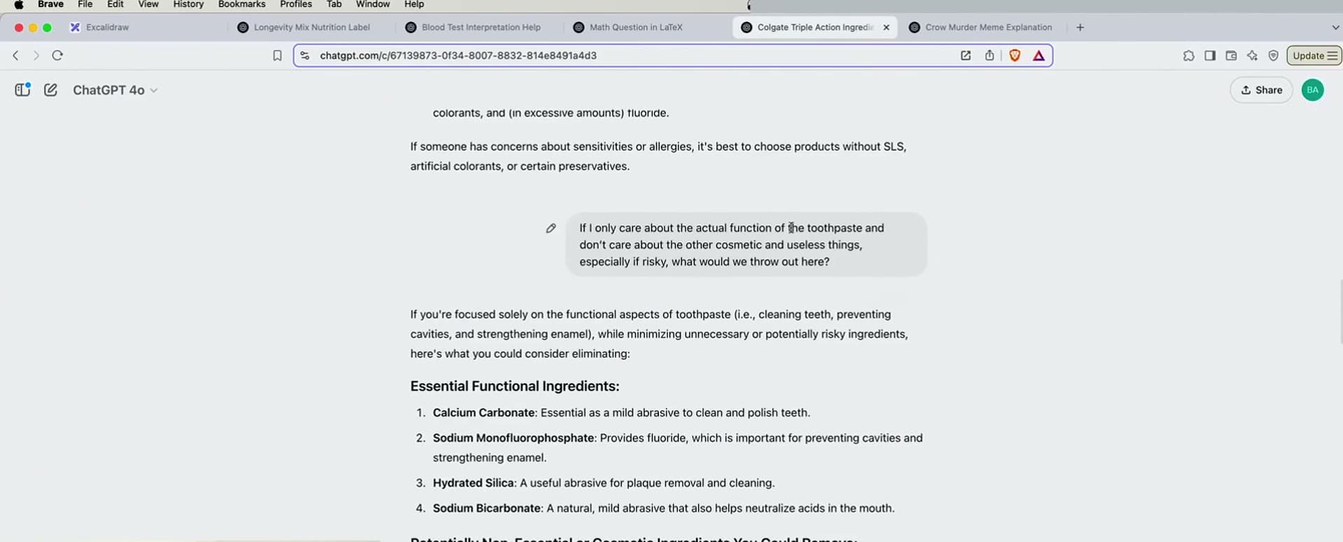 ChatGPT analyzing toothpaste ingredients as functional vs cosmetic