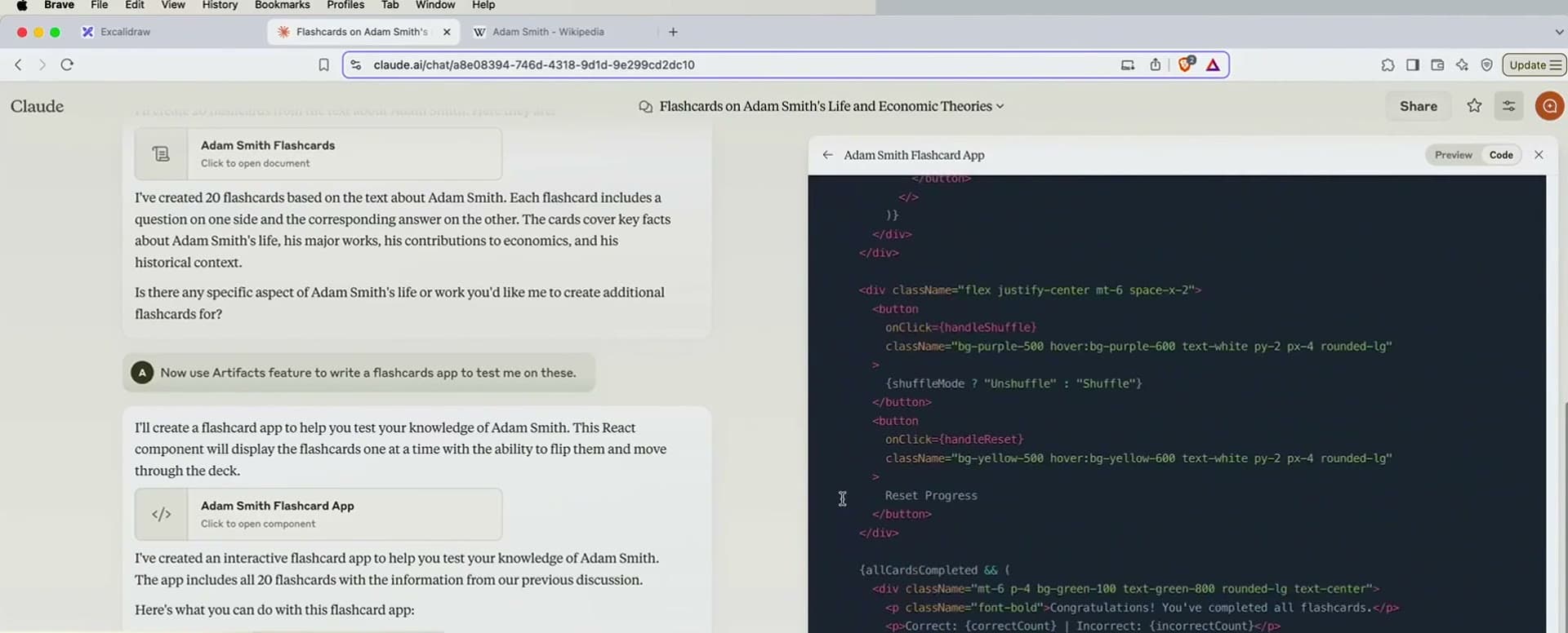 A working flashcard app generated by Claude Artifacts