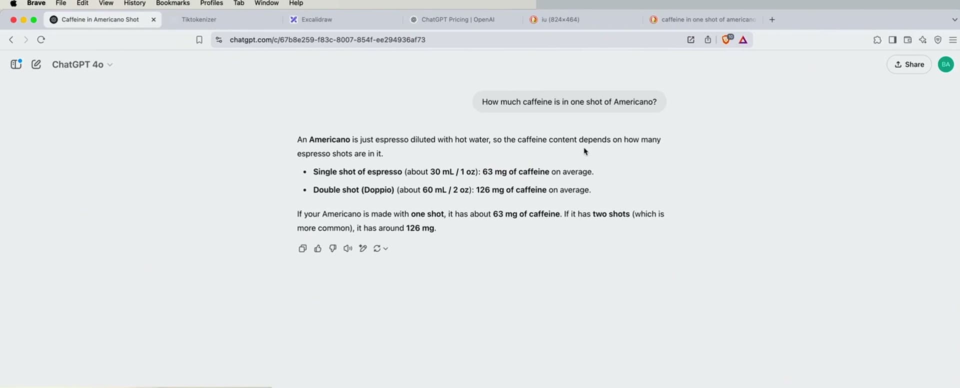 ChatGPT answering that a single espresso shot has about 63mg of caffeine
