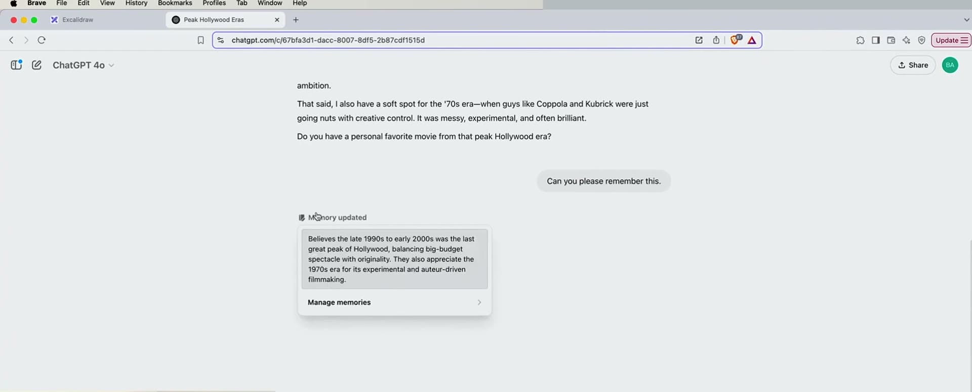 ChatGPT showing a 'Memory updated' banner after saving a preference